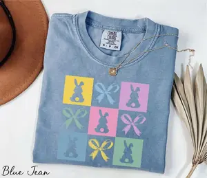Comfort Colors Checkered Bunnies Easter T-Shirt, Retro Spring Graphic Tee with Coquette Aesthetic, Soft-Washed Oversized Cotton Shirt, Trendy 2026 Holiday Apparel, Cute Seasonal Gift for Women and Men - HARSIN