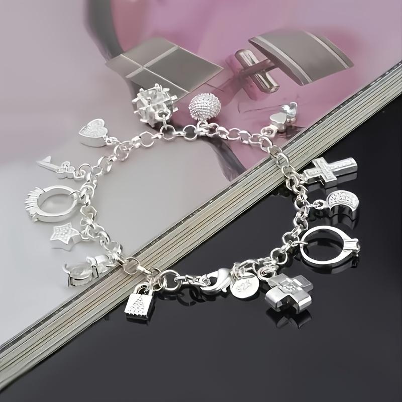 1pc Elegant 925 Sterling Silvery Heart Key Pendant Bracelet,Women's Bracelet,13 Small Pendants,Bohemian Style,Shiny and Exquisite Silvery,Women's Fashion Jewelry Accessories, Suitable for Wife Girlfriend,Fashion Gift,Birthday Gift bangle Statement Piece 1pc Elegant 925 Sterling Silvery Heart Key Pendant Bracelet,Women's Bracelet,13 Small Pendants,Bohemian Style,Shiny and Exquisite Silvery,Women's Fashion Jewelry Accessories, Suitable for Wife Girlfriend,Fashion Gift,Birthday Gift bangle Statement Piece