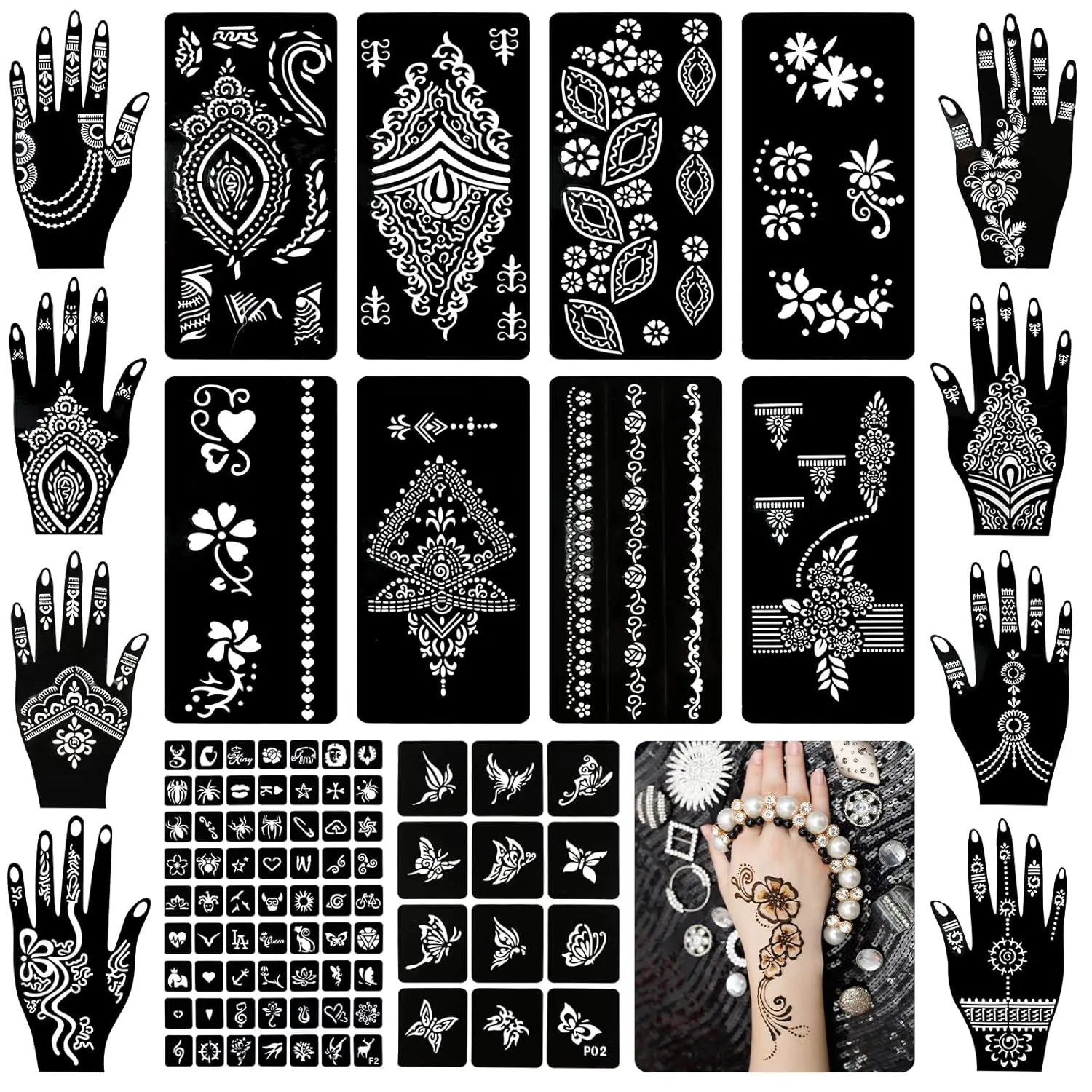 Koogel 18 Sheets Henna Tattoo Stencil Kit, Full-Body Mehndi Templates for Arms, Shoulders-Bridal Mehndi, Music Festivals, Bachelorette Party, Professional Body Art