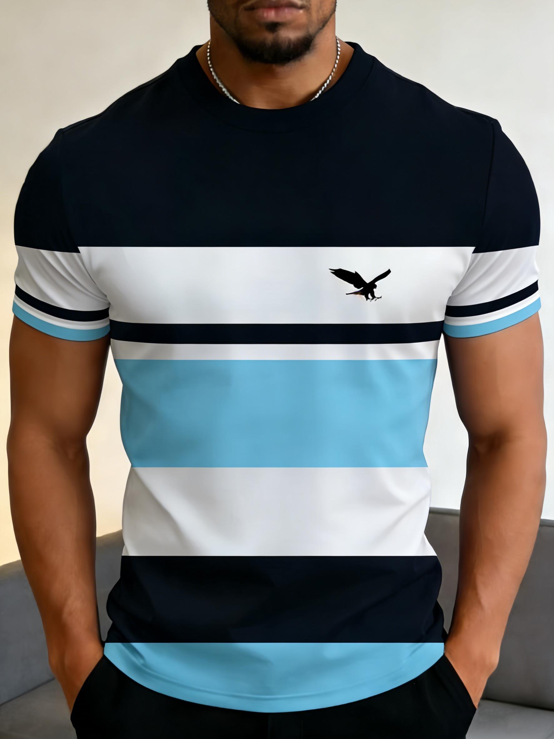 Men's fashionable striped T-shirt, slim fit with a round neck, breathable fabric, color-block design, eagle pattern casual short-sleeve T-shirt, suitable for everyday casual wear