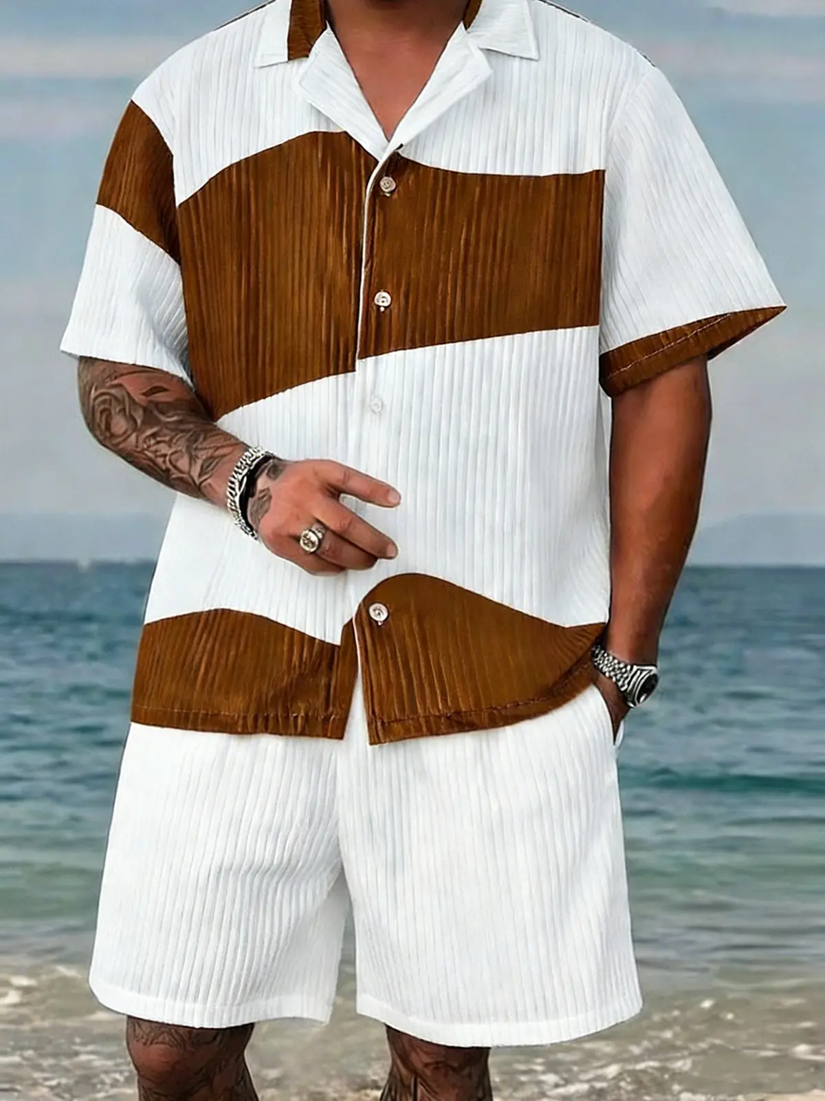 Men's 2-Piece Set, Preppy Colorblock Short-Sleeve Button Shirt and Lightweight Shorts for Holiday Resort Wear, Shortsleeve, Basics, Matched Top & Shorts, Lightweight Shorts Airy