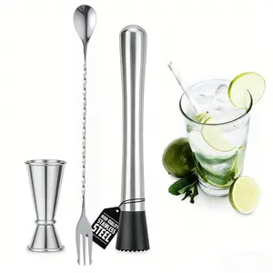 3 Pcs Muddler for Cocktails Set - Bar Muddler Tool with Sturdy Head, Versatile Cocktail Spoon & Jigger, Easy to Use & Clean, Stylish Rust-Resistant Stirring Tool - Bar Tools for Drinks Mixing