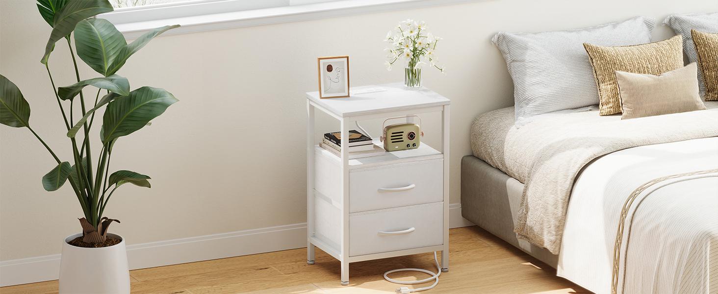 Nightstand with Charging Station and 2 Fabric Drawer, Bedside Table Furniture with USB Ports and Outlets