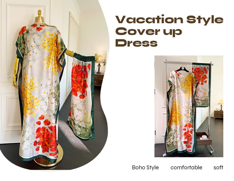 Women's Floral Print Moomoo & Scarf Set - Boho Casual Shawl Dress for Beach Vacation and Holiday Enjoyment, Ladies Clothes for All Seasons