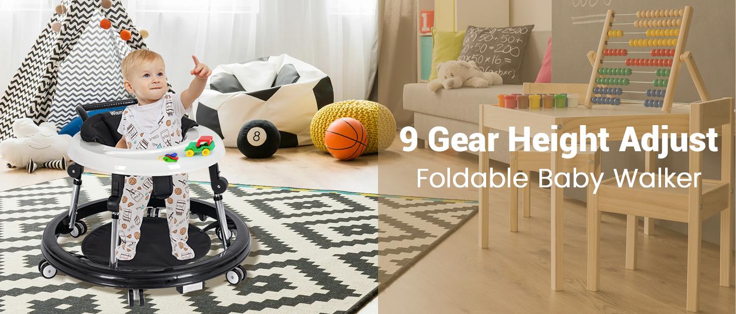 Baby Walker Foldable with 9 Adjustable Heights, Baby Walkers and Activity Center for Boys Girls Babies 7-18 Months, Baby Walker with Wheels Portable Baby Walker Foldable with 9 Adjustable Heights, Baby Walkers and Activity Center for Boys Girls Babies 7-18 Months, Baby Walker with Wheels Portable