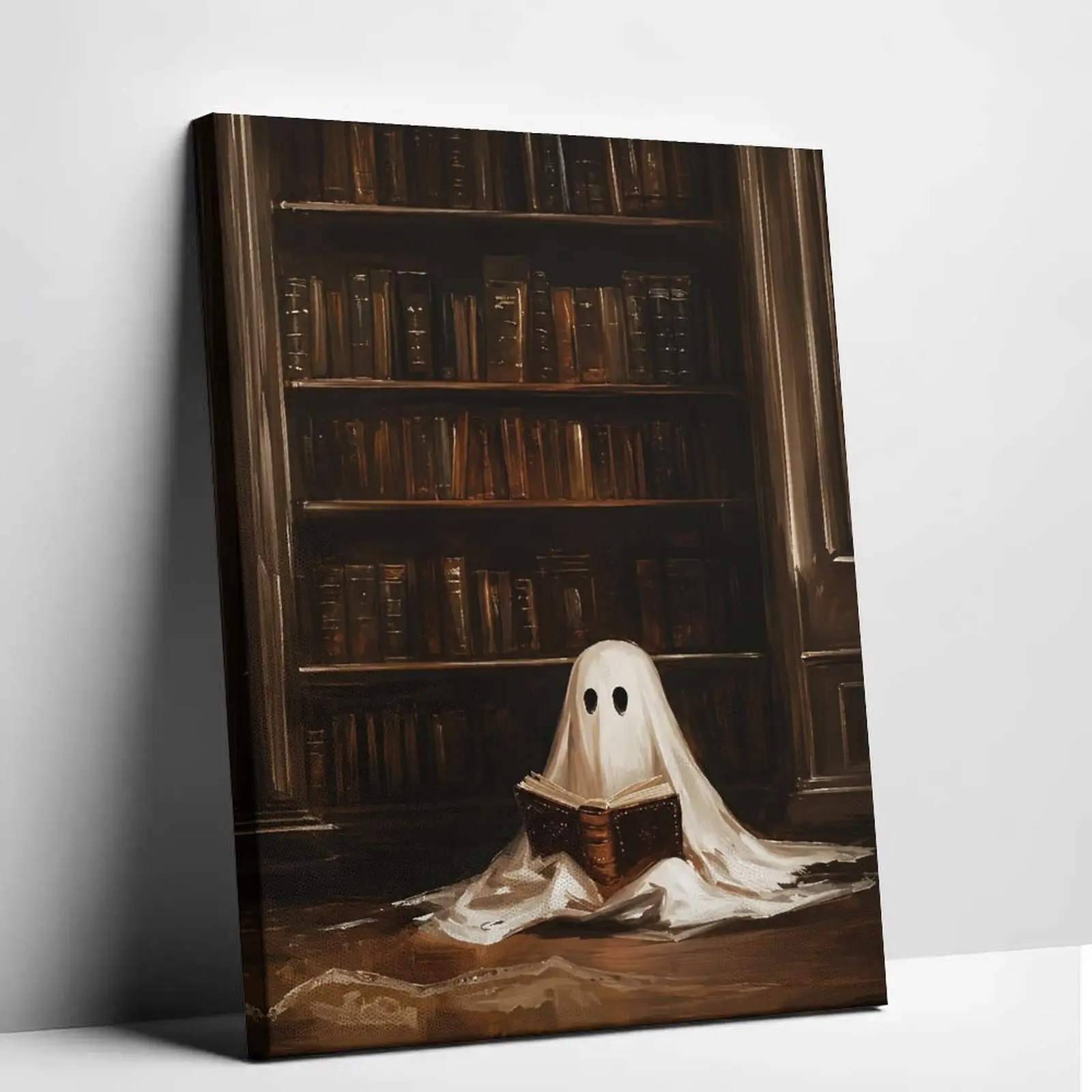 Ghost Reading Books Canvas Print - 1-Piece Whimsical Home Decor, Spooky Gothic Wall Art for Living Room & Bedroom, Vintage Bookshelf Library Poster Canvas Painting, Room Decorations