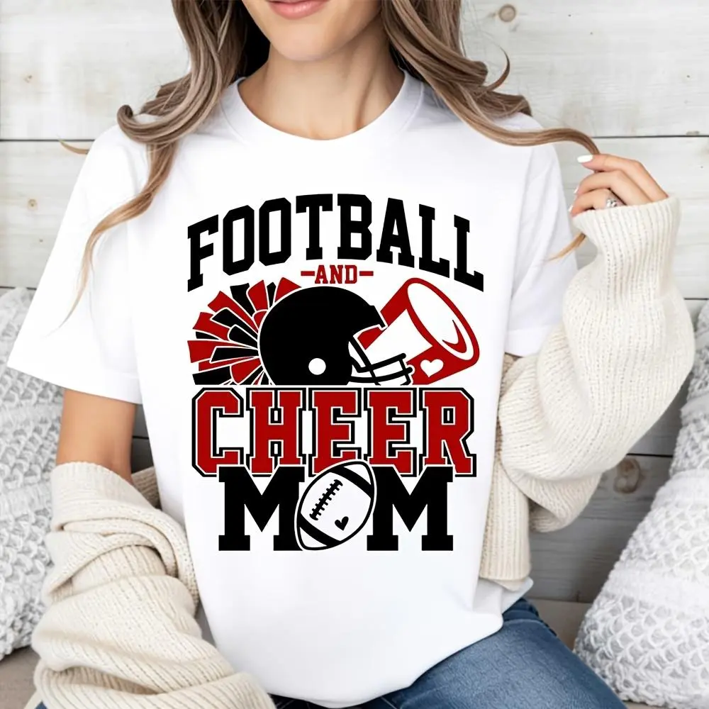 Football And Cheer Mom Graphic Print T-Shirt, Sports Fan Apparel For Game Day Support