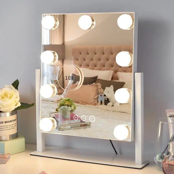 White 12in L x14.4in W LED Lit Adjustable Vanity Mirror for Girls - 9 Dimmable Bulbs, 3 Color Lighting Modes, Detachable 10x Magnification, 360° Rotation, Switch Control, Portable Gift for Back to School/Black Friday, Home Decor Mirror