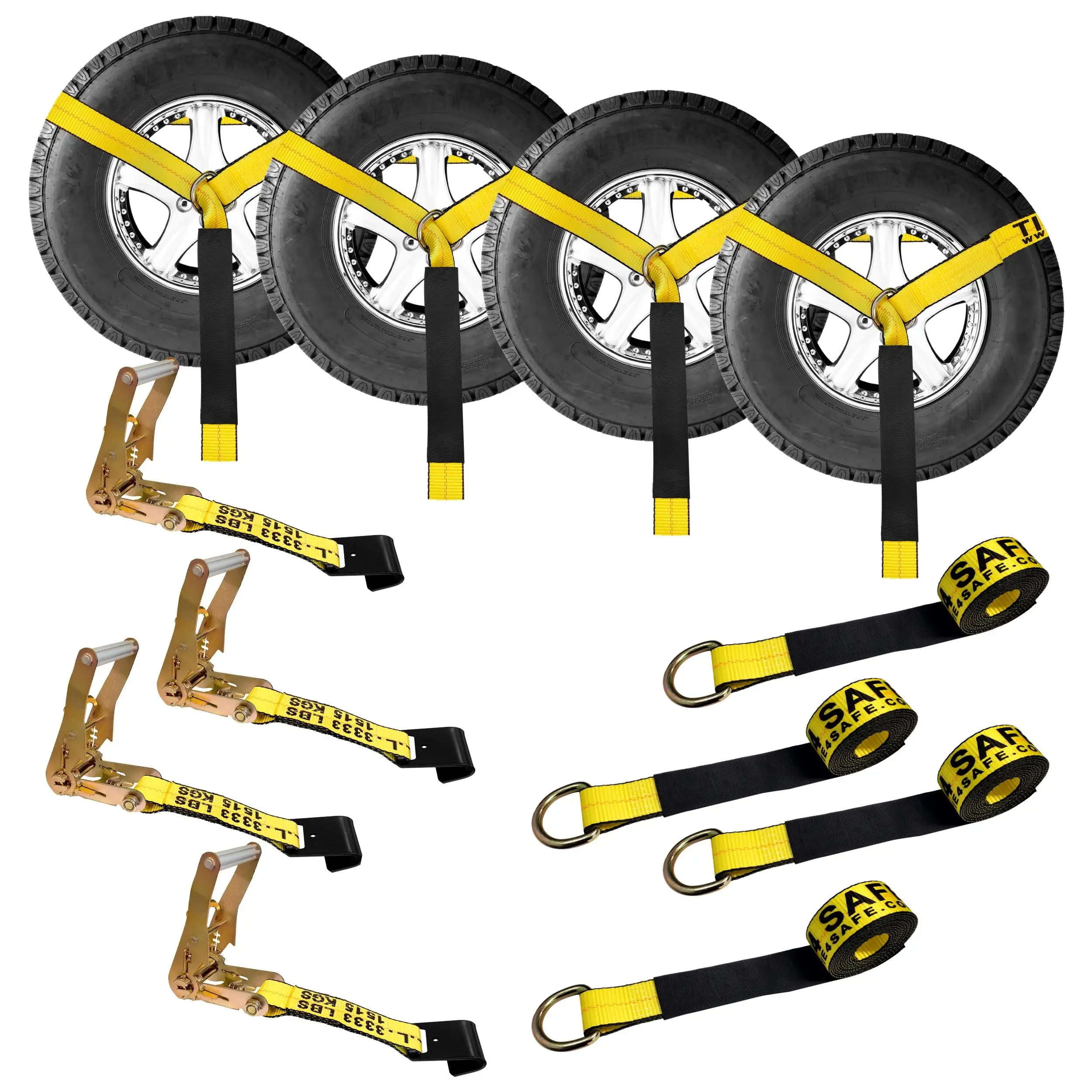 Side Mount Wheel Net With Flat Hook Ratchet Strap - 4 Pack