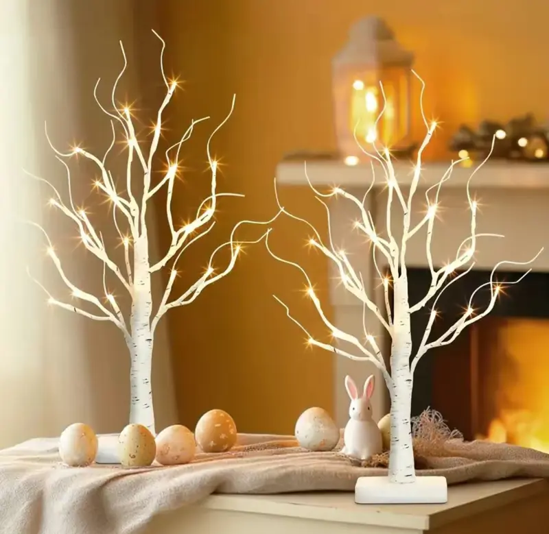 Set of 2 LED birch lights for Valentine’s Day, battery-powered, artificial birch tree lighting, suitable for bedroom bedside lamps, living room TV stands, dining tables, and studies; ideal for spring, Easter, birthday scenes; all-season decorative lights