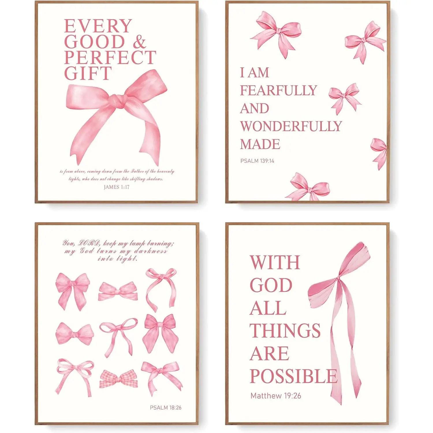 Pink Bow Wall Art Decor Posters, Pink Bow Room Bedroom Bathroom Dorm Wall Art Decor Aesthetic for College Teen Girls Gifts, Inspirational  Verses Bow Wall Decor, 12x16 Inch Set of 4 count Bow Pictures (UNFRAMED)