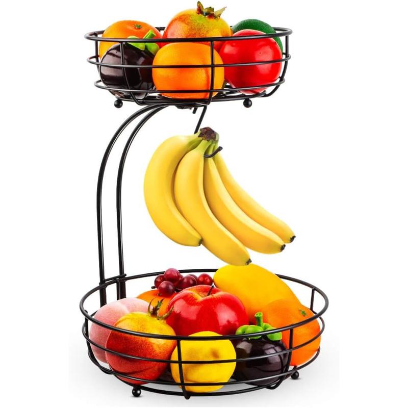 [New Deal] Iron 2-Tier Countertop Fruit Vegetables Basket Bowl Storage With Banana Hanger, Black, 64 ounces
