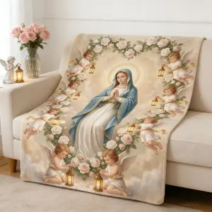 Virgin Mary with Cherubs & Rose Wreath Flannel Blanket Soft Cozy Plush Throw Perfect Religious Gift for Catholics Christians Warm Snuggle Blanket for Bedroom Prayer Space Elegant Sacred Art Design
