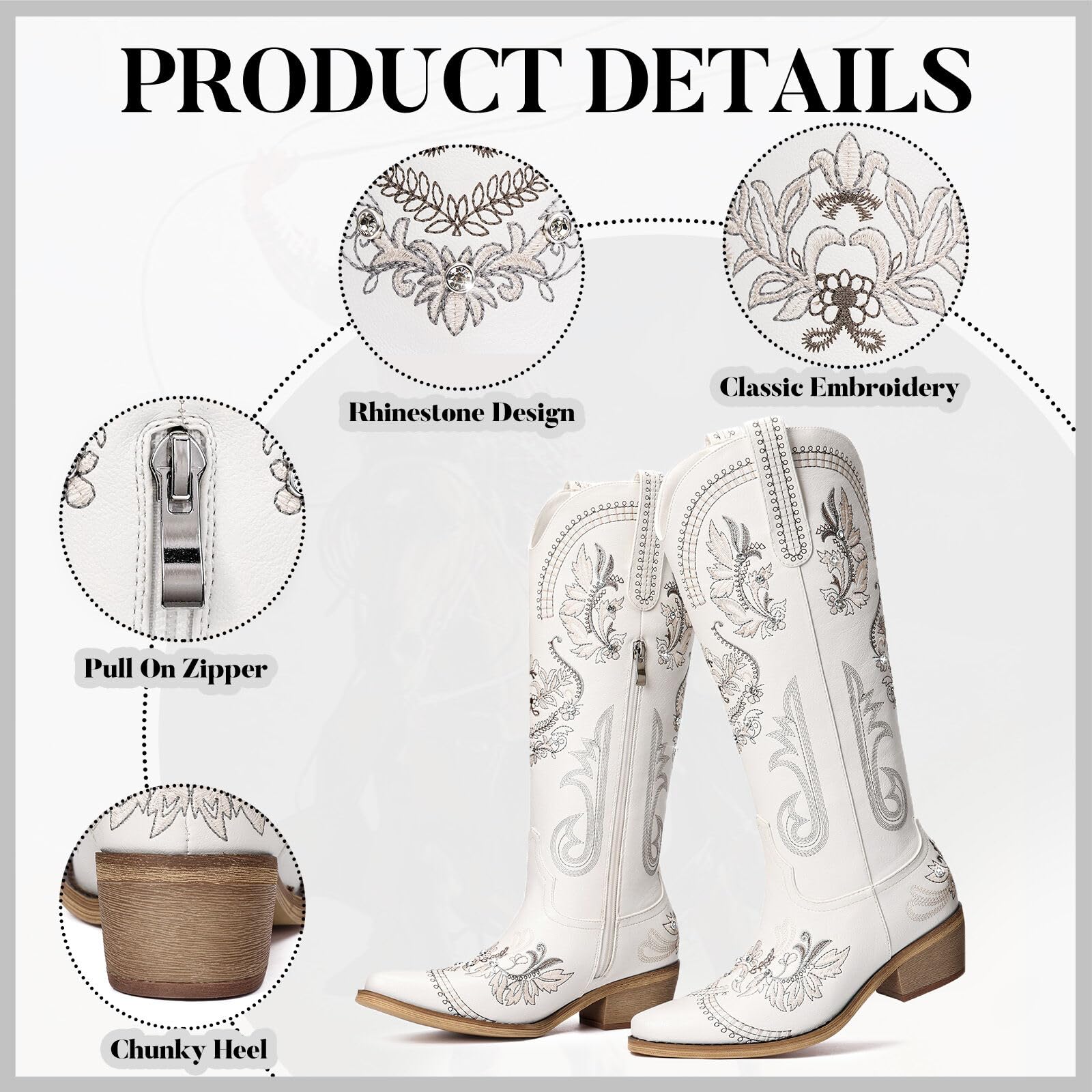 【Rodeo Boots】Pasuvo Women's White Embroidered Western Cowboy Boots - Vintage Floral Stitching, Classic Pointed Toe, Stacked Heel, Perfect for Country Style, Festivals, and Everyday Fashion Footwear