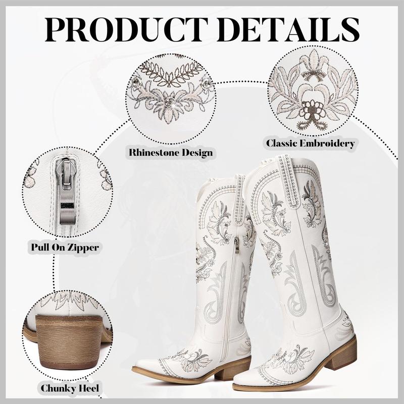 【Rodeo Boots】Pasuvo Women's White Embroidered Western Cowboy Boots - Vintage Floral Stitching, Classic Pointed Toe, Stacked Heel, Perfect for Country Style, Festivals, and Everyday Fashion Footwear