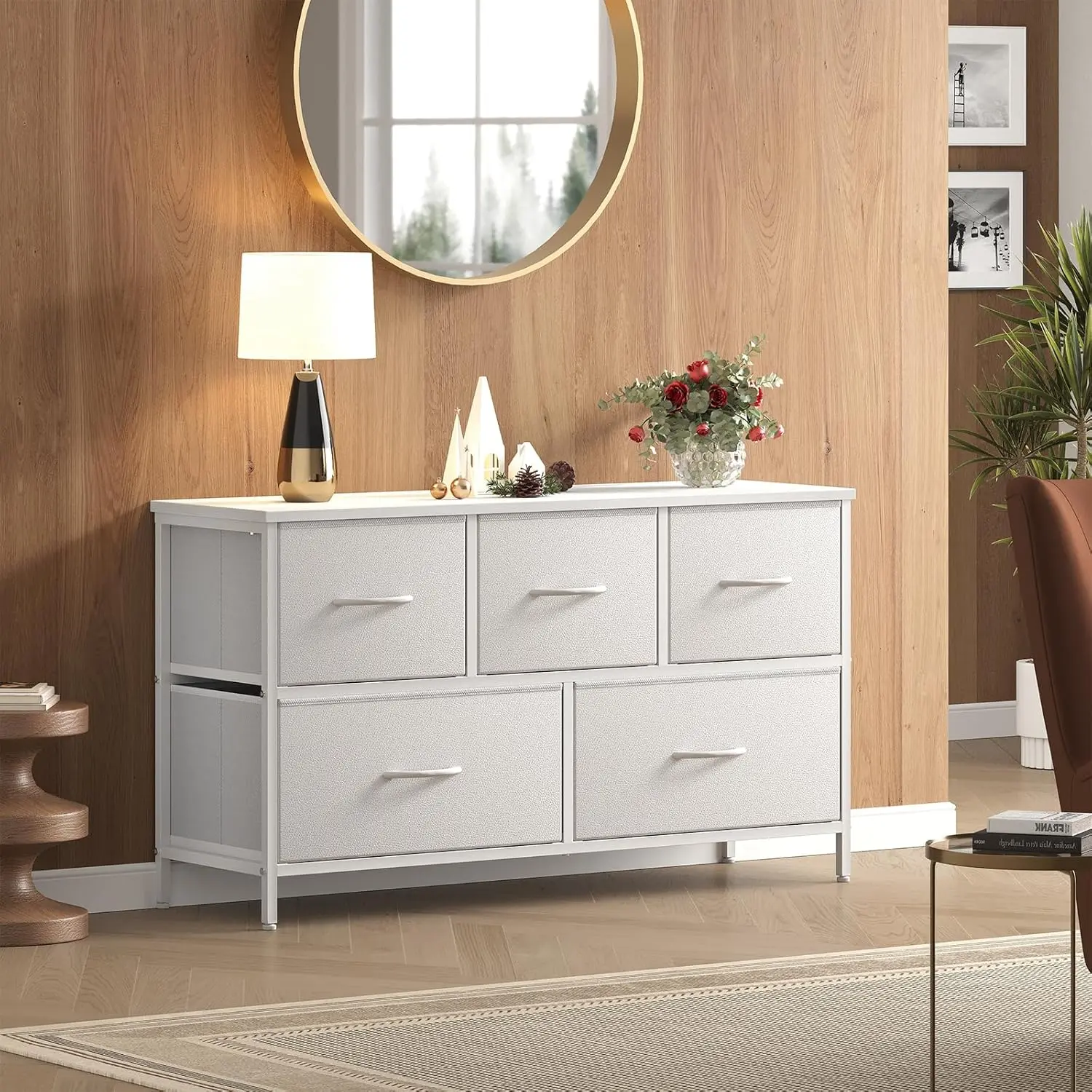 Dresser for Bedroom, Wide Chest of Drawers for Clothes Storage, Multi-Purpose Fabric Bedroom Dresser with 5 Drawers, Storage Organizer Unit with Fabric Bins and Wooden Top for Living Room