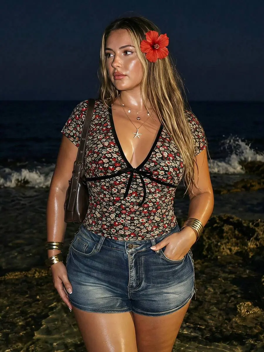 WOODBINE Women's Plus Size Retro Sexy Simple Casual Commute Beach Vacation Velvet Patchwork Floral V-Neck Slim Fit Shirt