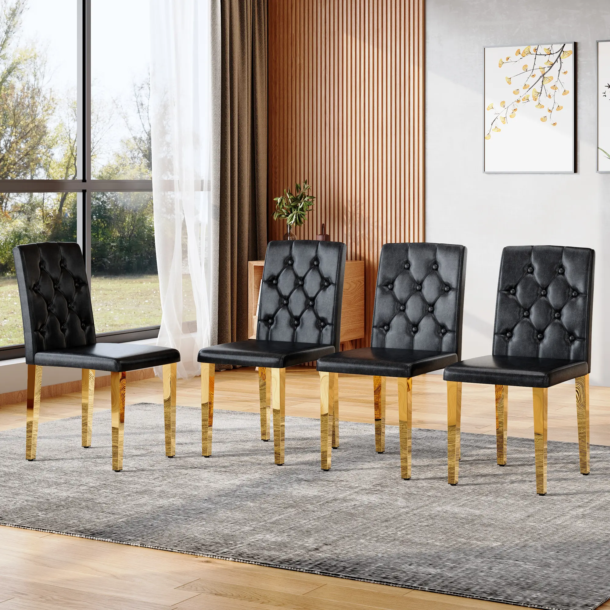 4-pack black PU dining chairs: ergonomic buckle backrest, 35 inches high, golden metal legs,Combines Comfort and Texture.Perfectly suitable for family dining rooms, hotel banquet halls,etc