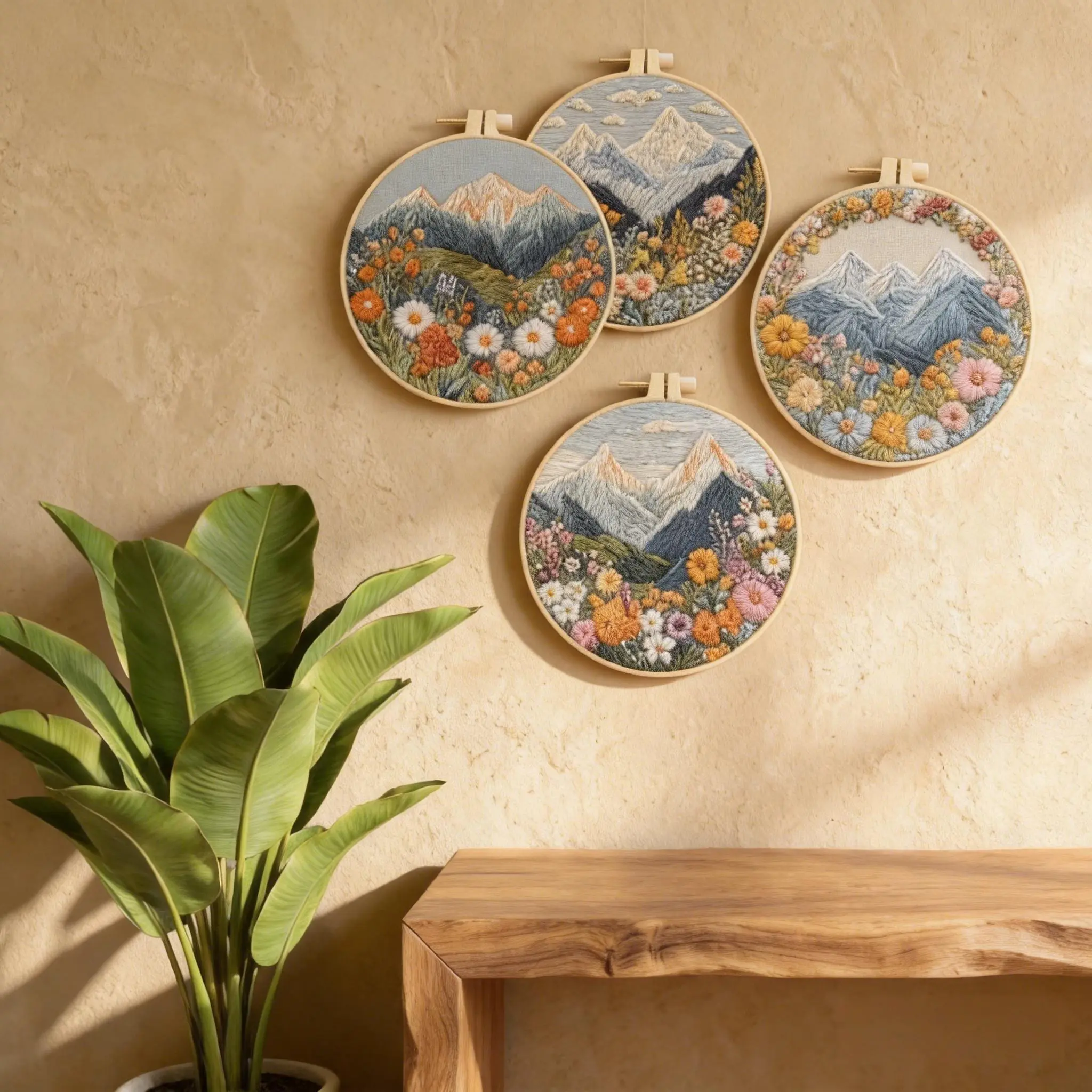 Mountain Landscape Embroidery Kit for Beginners - All-in-One DIY Floral Cross Stitch with Hoops, Threads & Tools, 4 Nature Patterns for Adults Craft