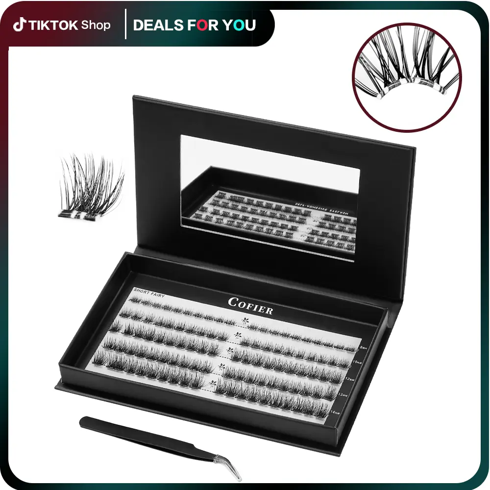 Self-Adhesive Individual Lashes, 80 Pcs Glue-Free Lash Clusters for a Nature Look or Alt Makeup, Lightweight & Gentle Cosmetic Eyelash Extensions Kit with Tweezers, 8-14mm, Cofier