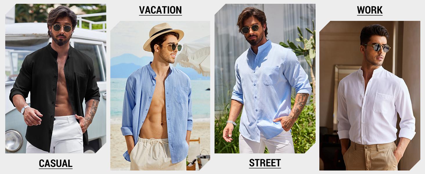COOFANDY Men's Shirt Long Sleeve Linen Shirt Band Collar Button Down Shirts Oxford Dress Shirt