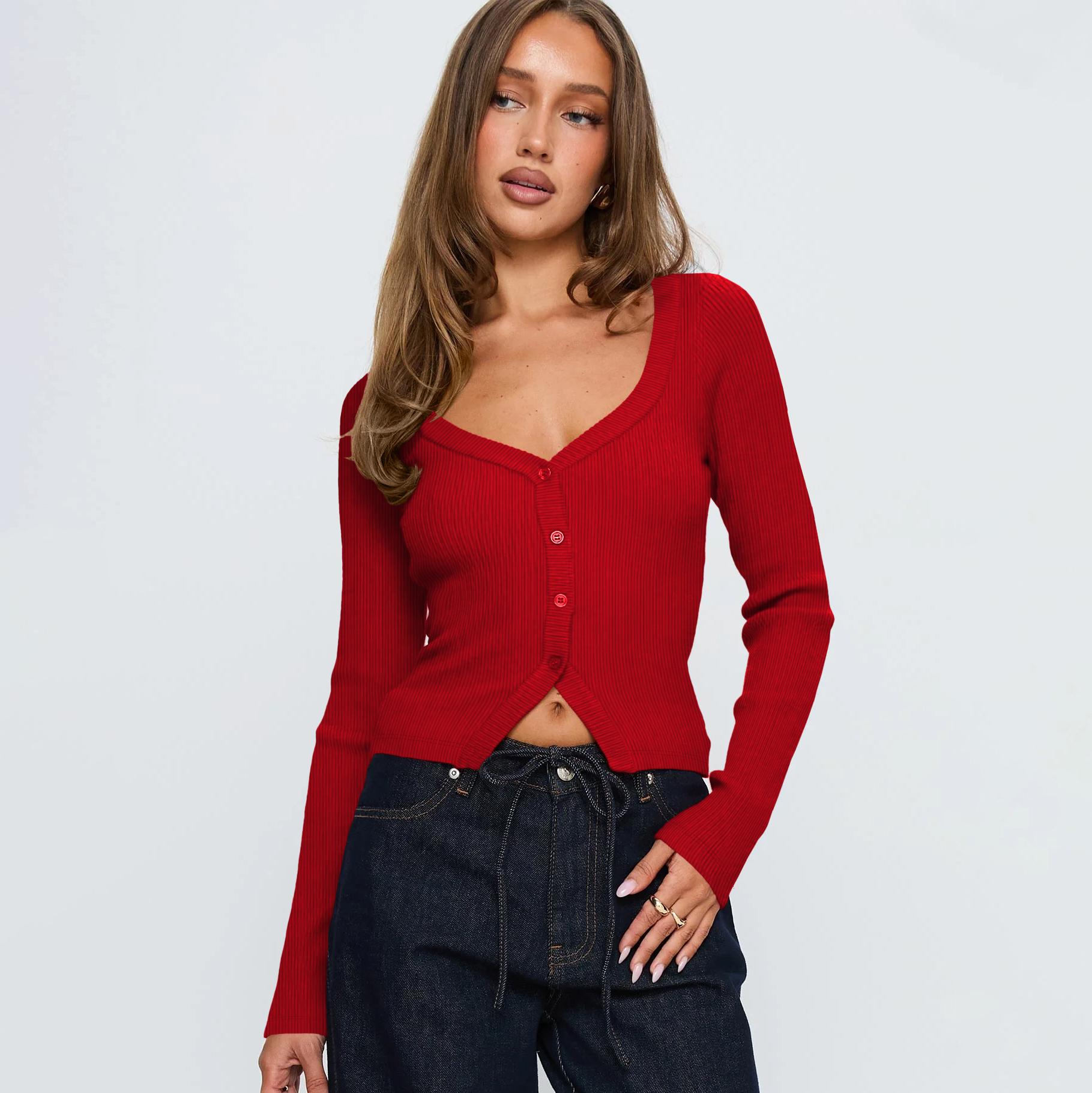 FAIABLE Women's Button Long Sleeve Cardigans Open Front Knit V Neck Cropped Sweaters Slim Fit Stretchy Shirt Soft Lightweight Layering Blouse Casual Elegant Tops Chic