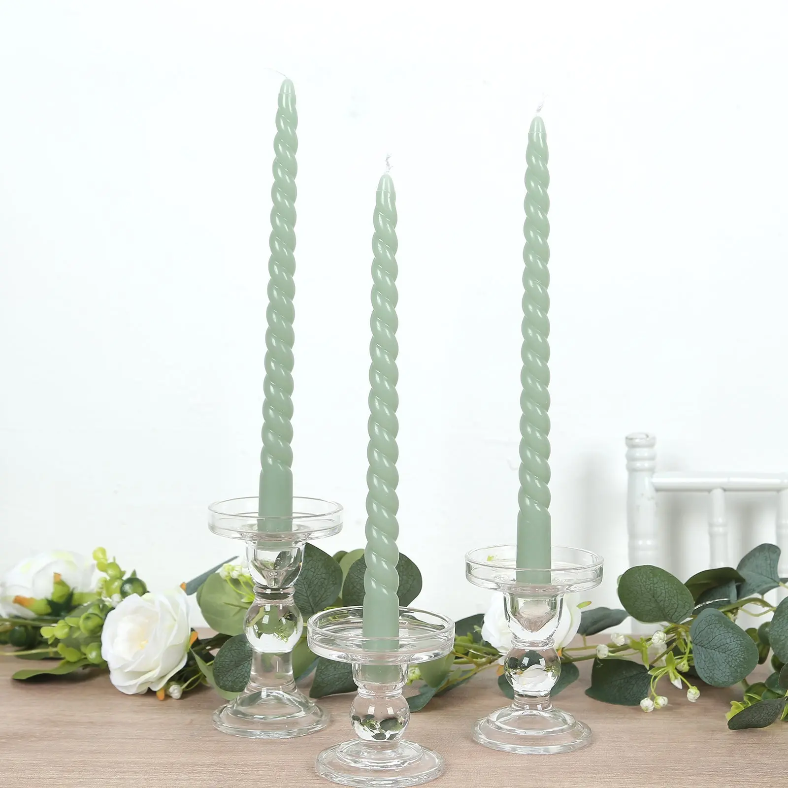 12-Pack Premium Spiral Extended-Burn Sage Green Taper Candles, 11 in Tall Unscented Wax Dinner Sticks Bulk Pack for Wedding Centerpieces, Birthday Decor