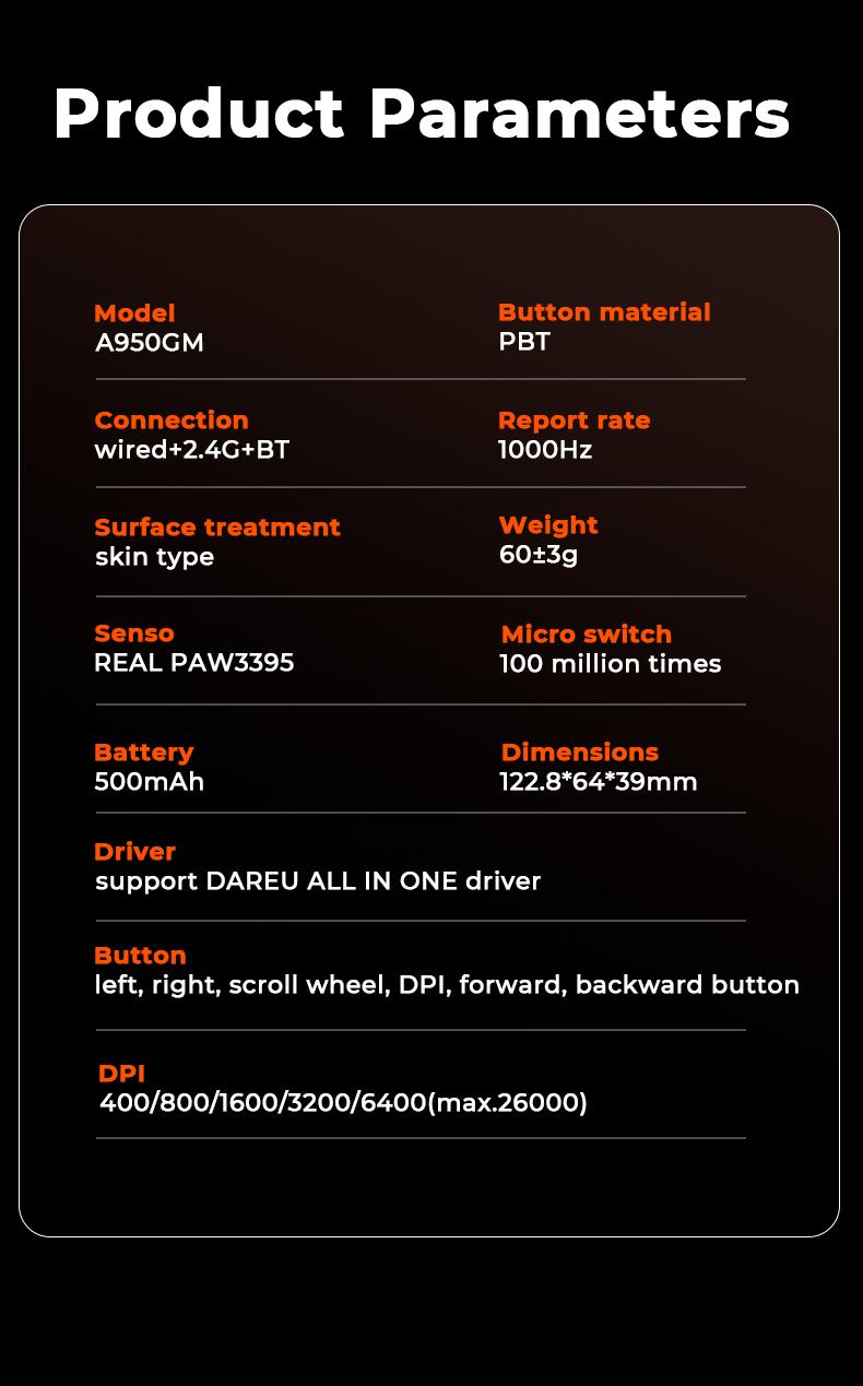 Dareu A950GM Tri-mode Gaming Mouse| PAW3395 Sensor | 60g Ultralight | PBT Keycaps | 100M Clicks | Fast Charging | Professional Esports Grade