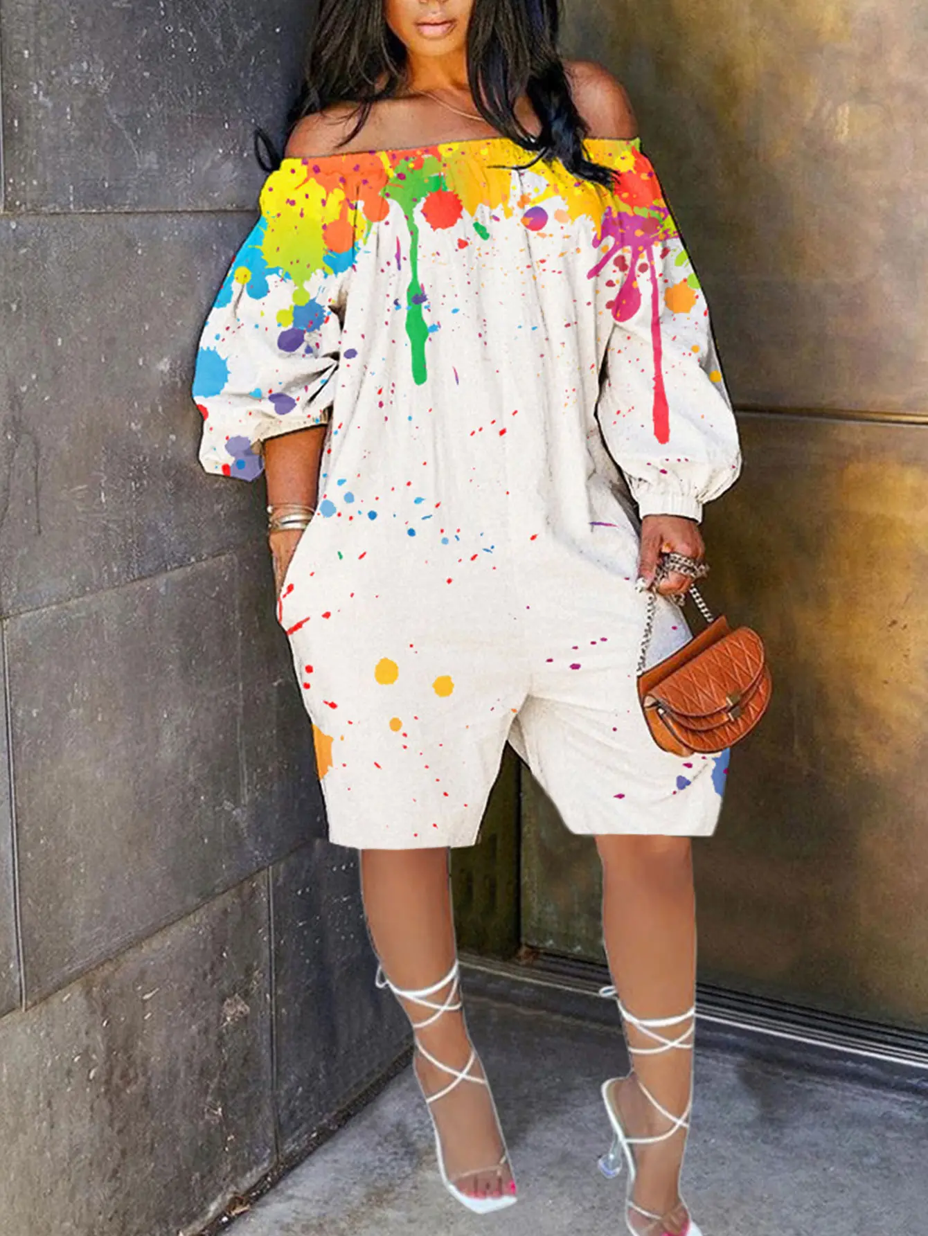 Women's Regular Size Paint Splatter Off Shoulder Romper - Balloon Sleeve Casual Playsuit with Pockets for Spring Summer Brunch and Going Out,  Oversized,  Outfit Womenswear Stylish Print