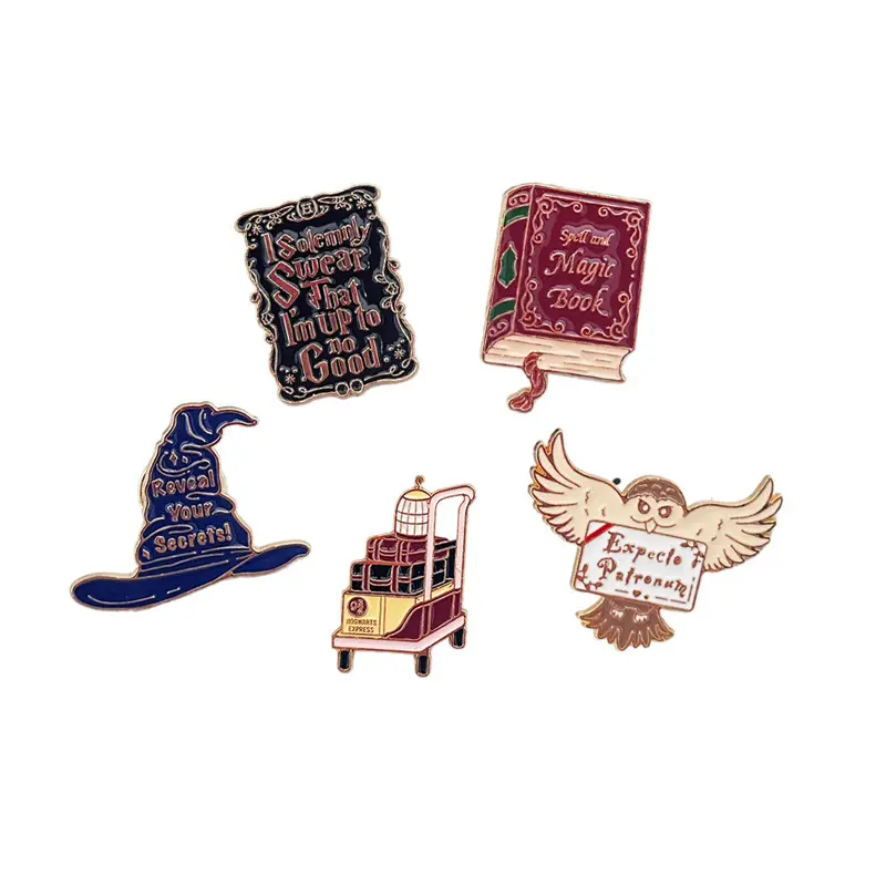 Unisex Magic Wizard Collectible Enamel Pin Set - Exquisite Brooch Pins with Book, Wand, Owl, Hat Designs - Cute Lapel Badges for Backpacks, Clothing - Gift for Book Lovers