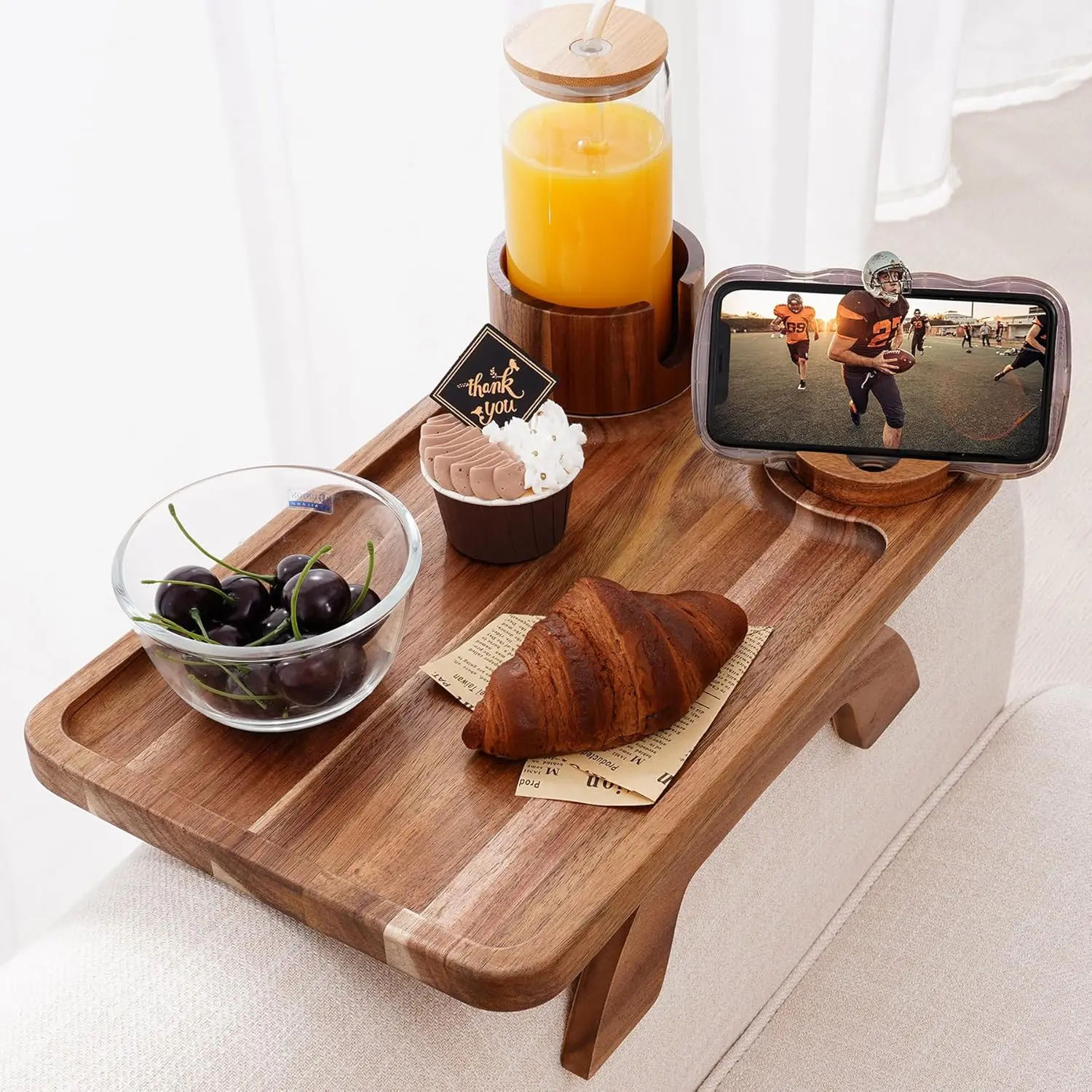 Sofa Armrest Tray with 360° Rotating Cup Holder, 3-in-1 Wooden Clip-On Tray with Phone Stand & Anti-Slip Pad, Space-Saving Couch Caddy for Drinks, Snacks & Remote