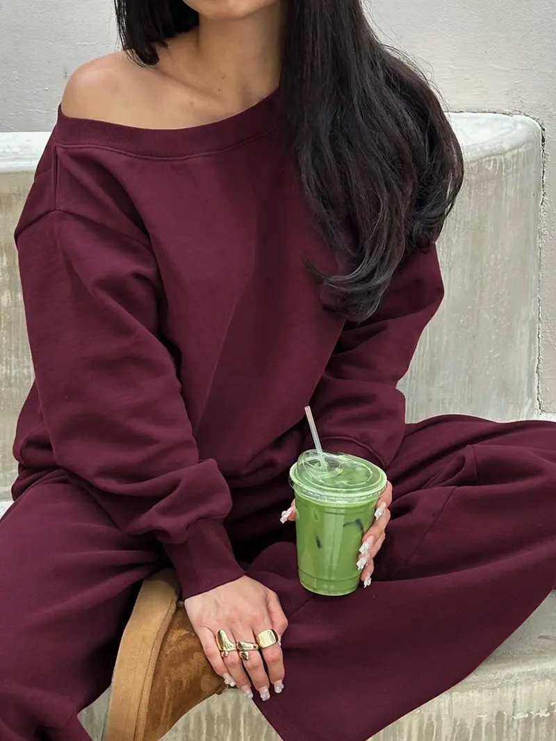 Women's One Shoulder Long Sleeve Top & Pants Two Piece Set Casual Pullover Jumper Sweatsuit for Fall Winter Daily Outfit Comfortable Streetwear Loungewear