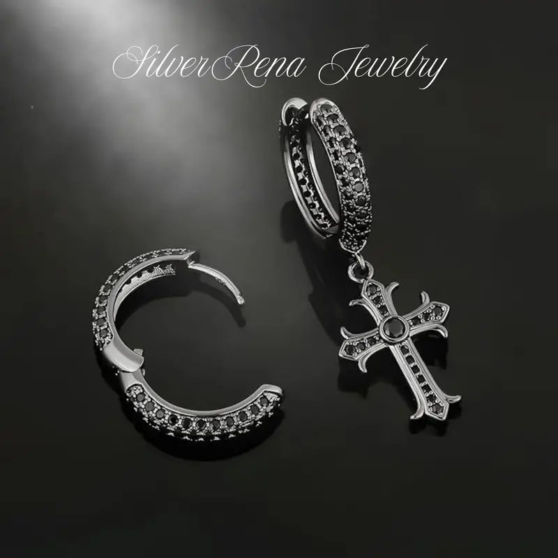 Asymmetrical Cross Huggie Earrings with Sparkling CZ Design, 18K Gold Plated and Synthetic Obsidian Hoop Earrings, Punk Gothic Style, Christians, Mysterious Style Perfect for Daily Wear, Unisex Gift for Friends