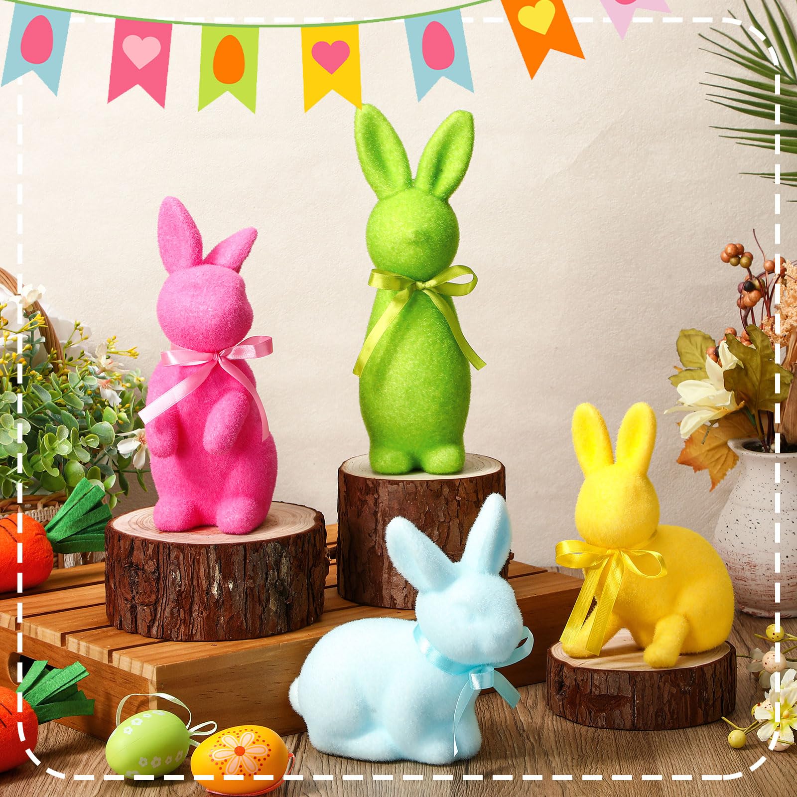 Pastel Flocked Easter Bunny Figurines - 7/6/4 Pcs Cute Velvet Rabbit Statues Set with Bow Ties, Adorable Easter Decor 2026 Bunny in Multiple Sizes & Poses for Tiered Tray Decor Spring Table Centerpiece Shelf Mantel Display Home Party Gifts Basket Stuffers