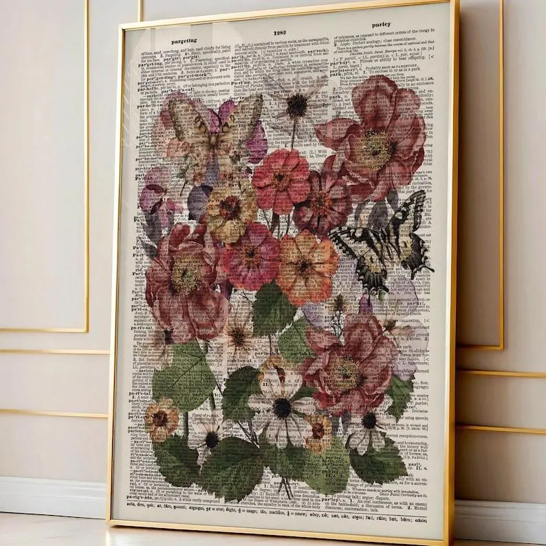 Antique Wildflower Dictionary Art Poster, Flower Themed dictionary prints, Vintage Wall Decor Newspaper Print, Trendy Aesthetic Wall Art