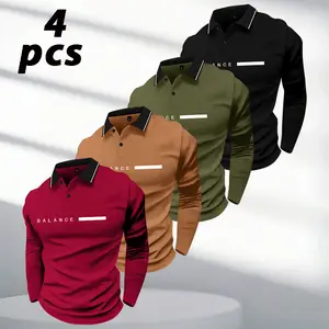 Men's classic vintage long-sleeved polo shirt, pack of 4. Made from comfortable, slightly stretchy knit fabric, with a fitted silhouette and letter and stripe pattern prints. Suitable for golf, outdoor leisure, fitness, and travel.