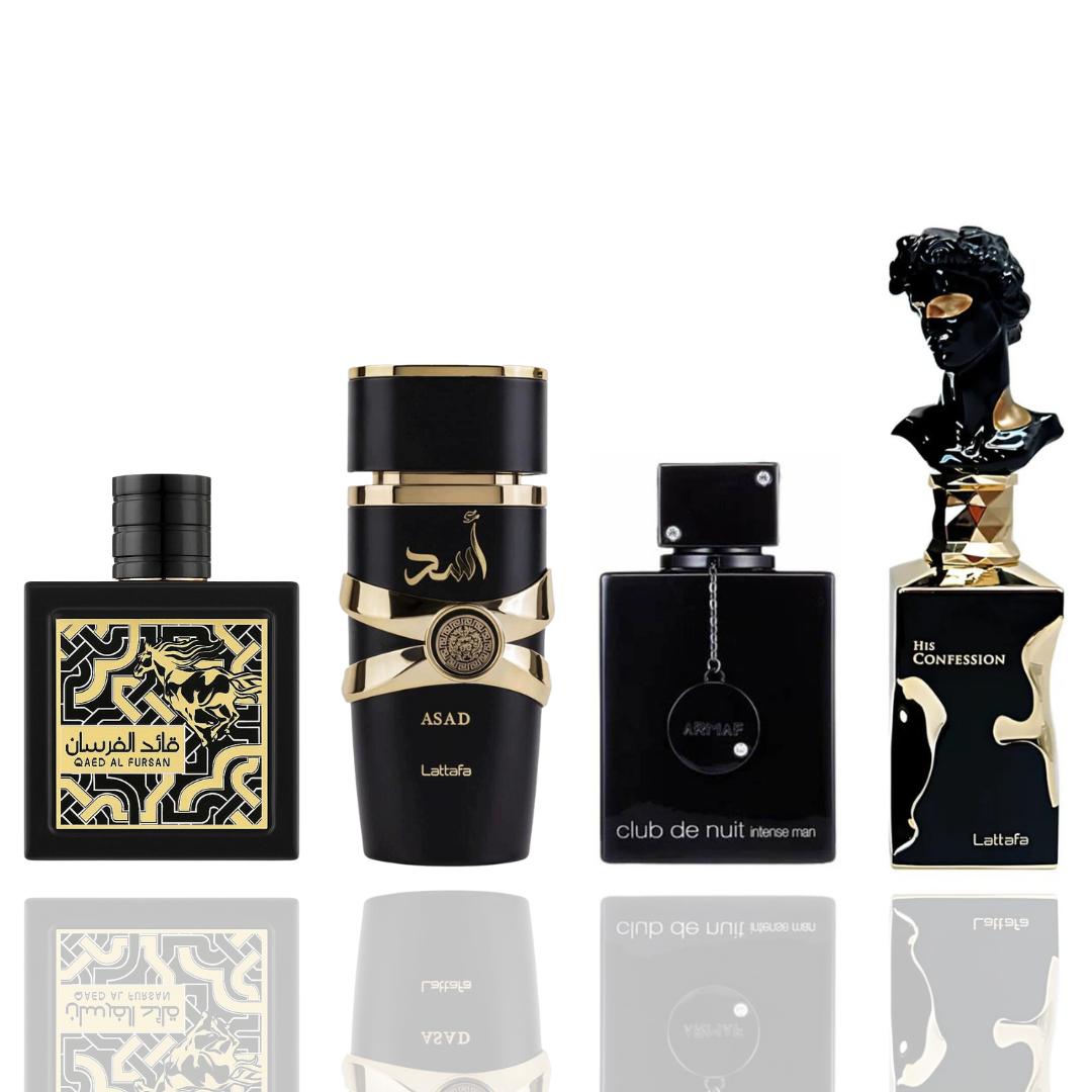 Asad + Qaed Al Fursan + Club de Nuit Intense + His Confession --- Gold Edition 4-piece Special bundle for men