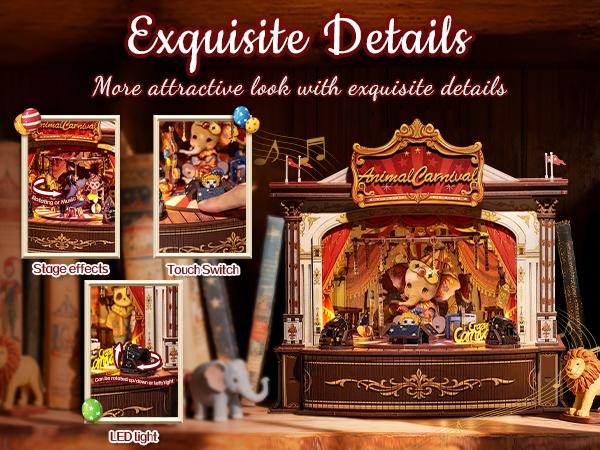 CUTEBEE DIY 3D Puzzle Kit Animal Carnival – Wooden Rotating Miniature Theater Music Box with LED Light, Handmade Creative Home Decor | Holiday, Christmas and Black Friday Gift