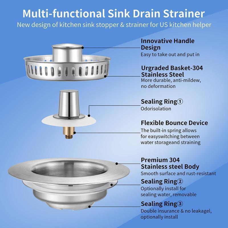 Kitchen Sink Strainer Combo 304 Stainless Steel Pop-up Stopper Anti-Clogging Bounce Core Filter US Standard 3-1/2'' Drain Size Kitchen Sink Strainer Combo 304 Stainless Steel Pop-up Stopper Anti-Clogging Bounce Core Filter US Standard 3-1/2'' Drain Size