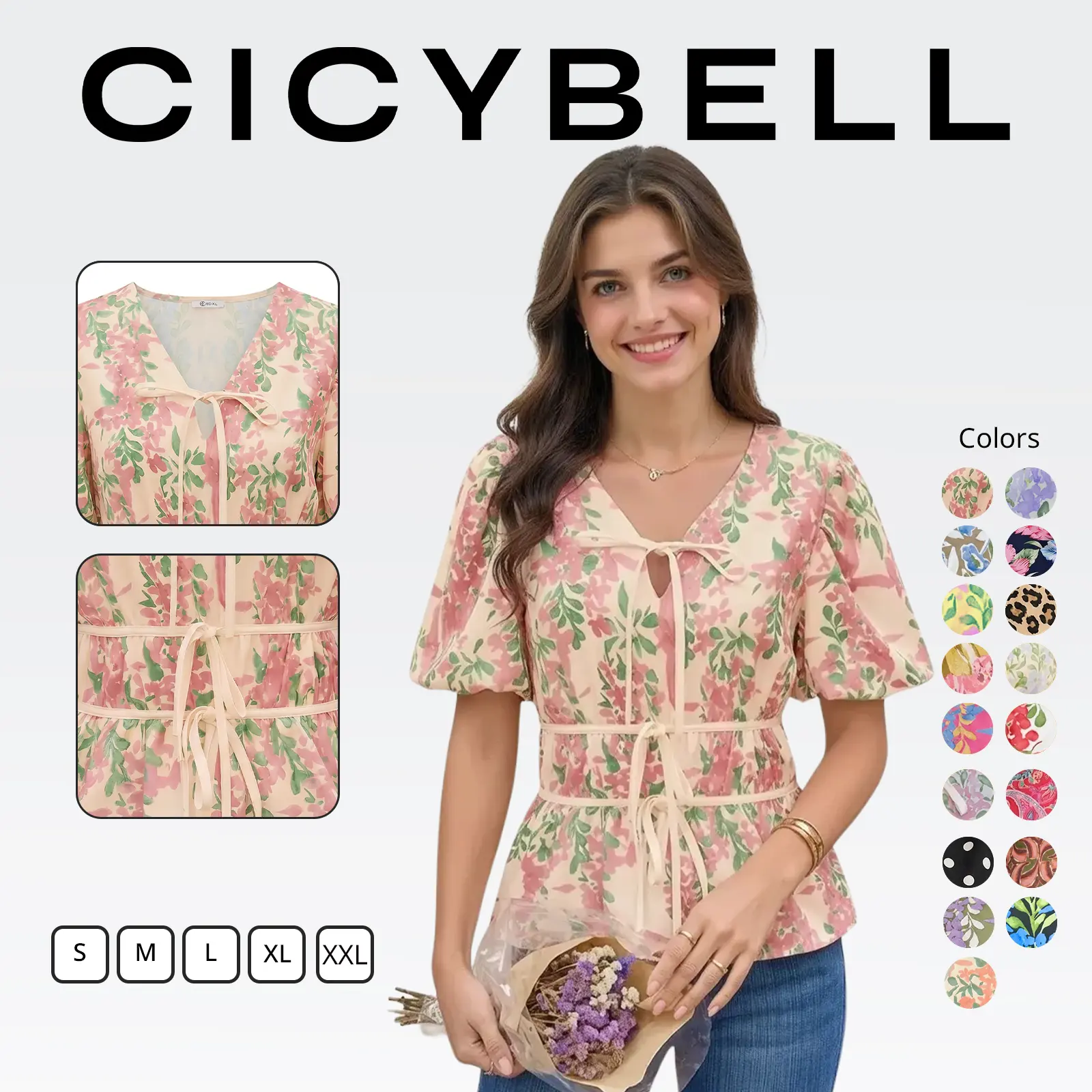 Cicy Bell Womens Puff Sleeve Tie Front Tops Summer Babydoll Peplum V Neck Blouse Casual Dressy Pleated Floral Print Shirts Fabric Soft