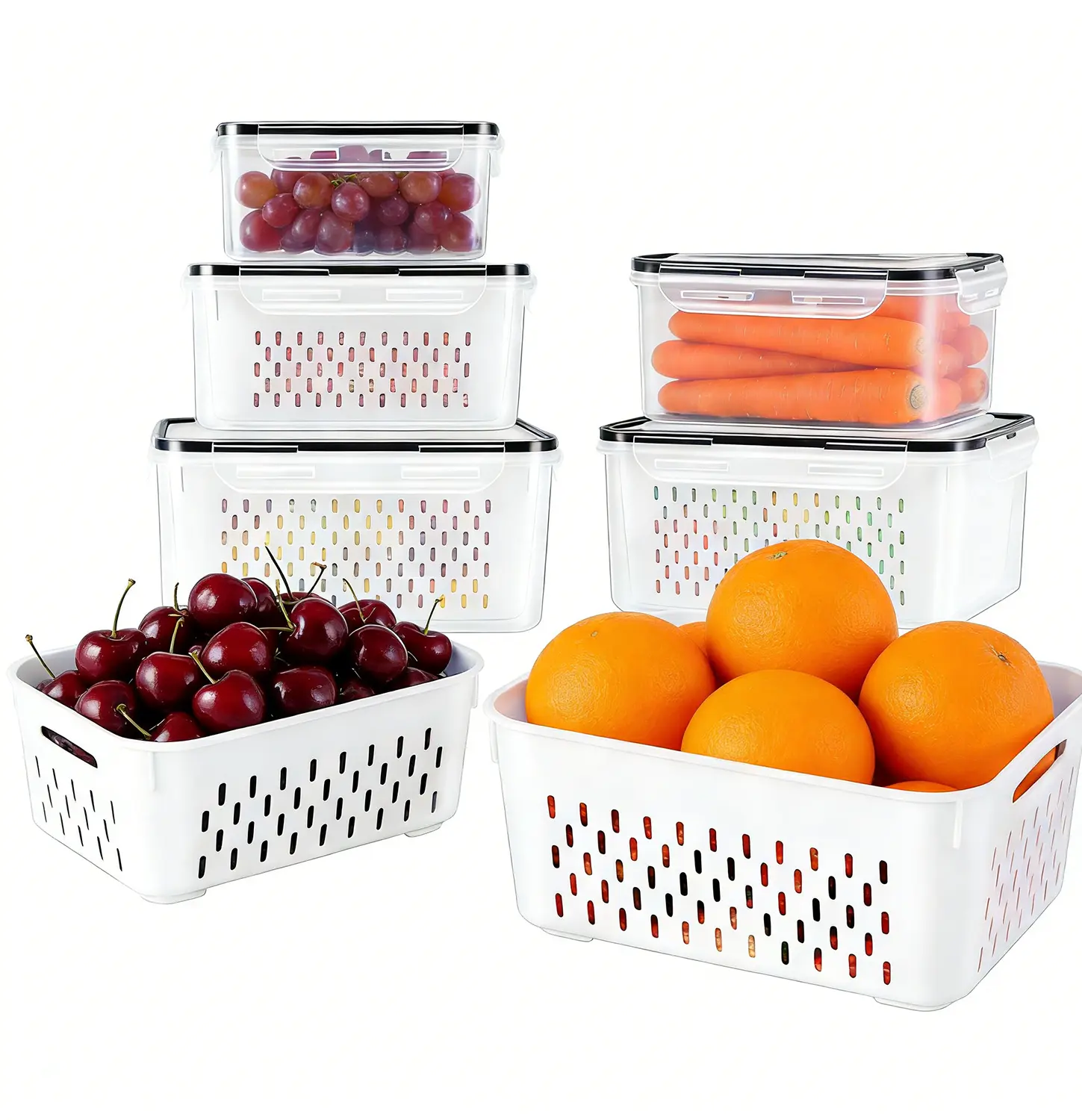 10Pcs Large Dry Food Storage Container Clear Box Fruit Containers Fridge with Colander & Lids, 4-in-1 Produce Storage Containers, Leakproof Berry Keeper & Lettuce,Refrigerator Organizer Bins for Vegetables, Salad & Meal Prep  Kitchen Utensils,summerwins