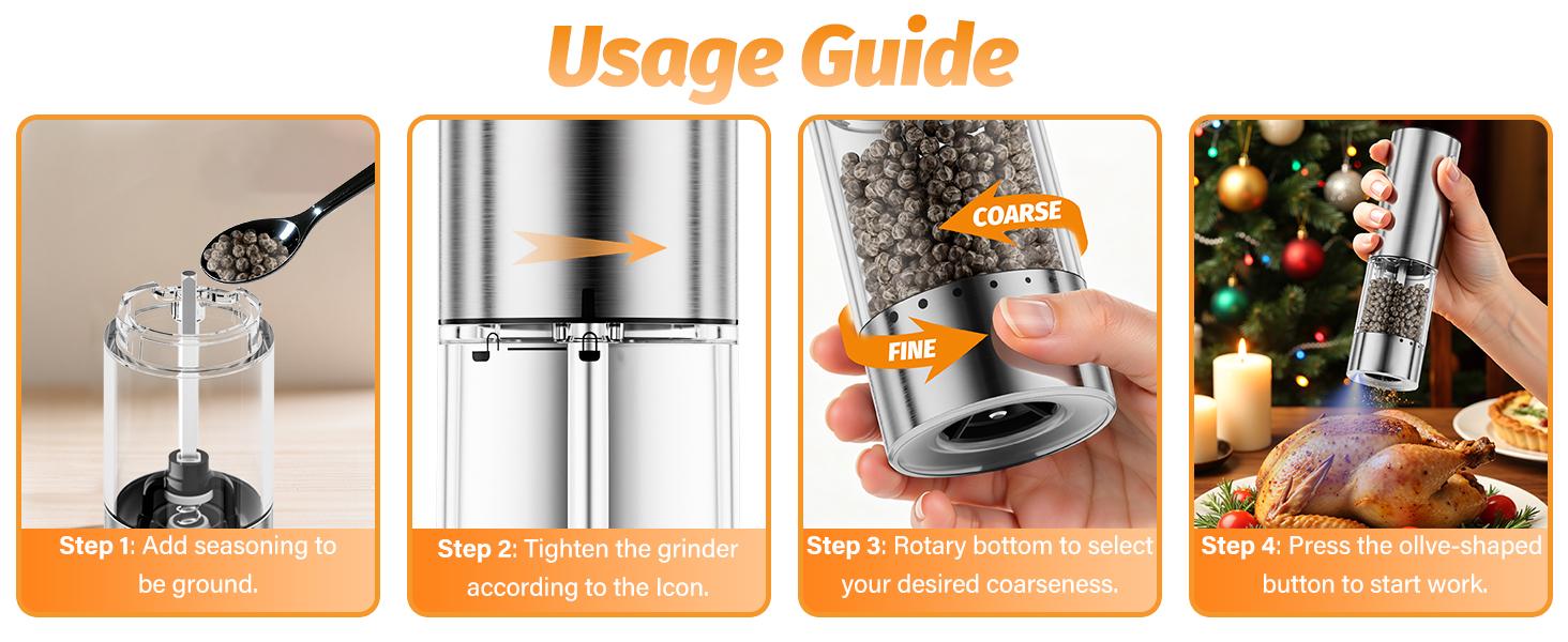 HomeHacks Electric Salt & Pepper Grinder Sets （2PCS）- LED Light,Rechargeable, Freely adjustable grind size(6 Settings) , One button,One hand,Huge upgrade, for Home Kitchen & BBQ,Gift