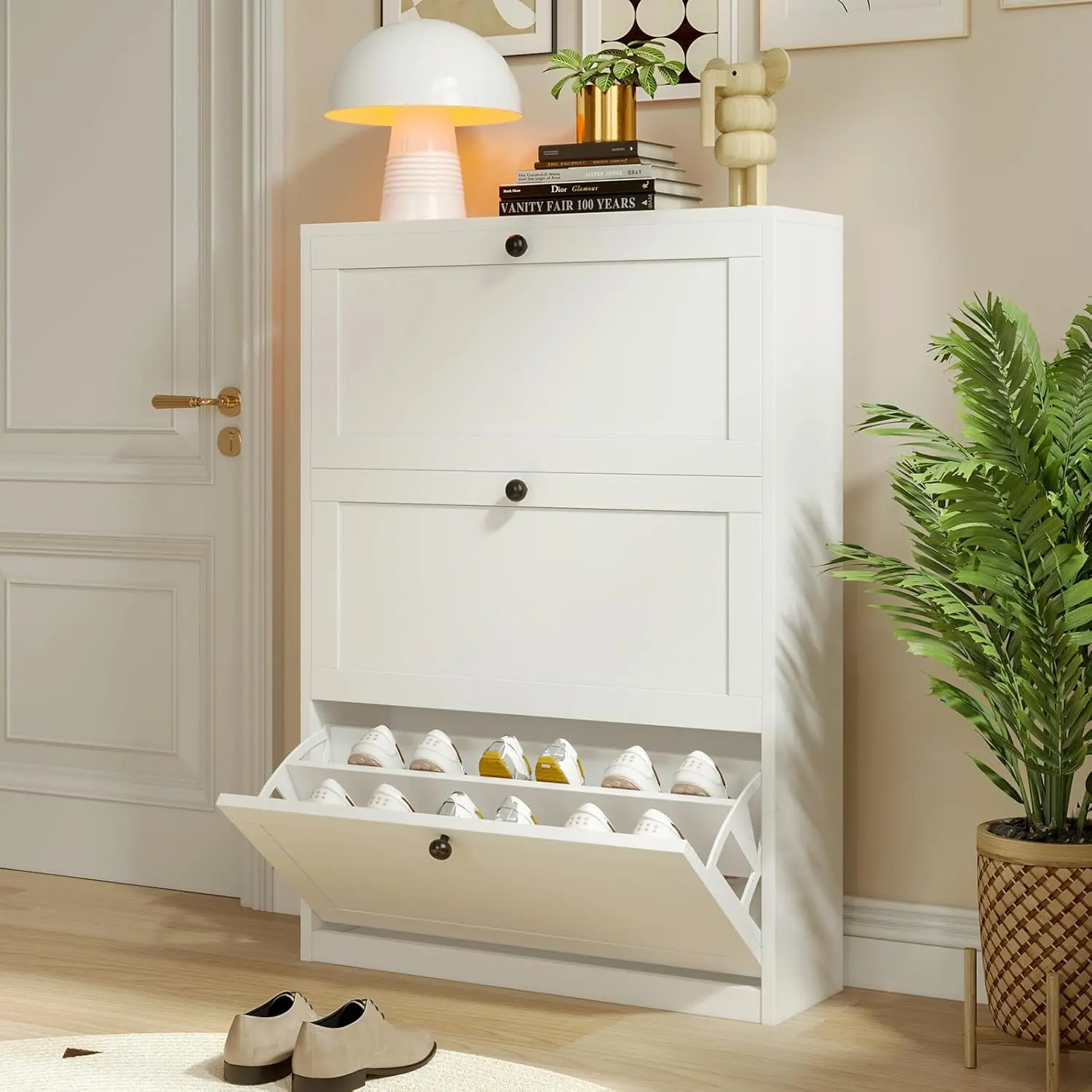 VOWNER Minimalist MDF Wood Shoe Rack Organizer - Freestanding Single Unit Slim Vertical Home Decor Furniture with 3 Flip Drawers, Adjustable Shelves, Anti-Tipping Device, Assembly Required (31.5"w x 9.4"d x 45.9"h) for Entryway (Safe for Children)