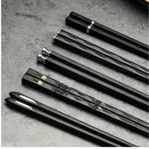 5 Pair Japanese Style Black Non-Slip Food Grade Alloy Chopsticks Cutlery Tableware (9.5-Inch) with Reusable Design Modern Kitchen