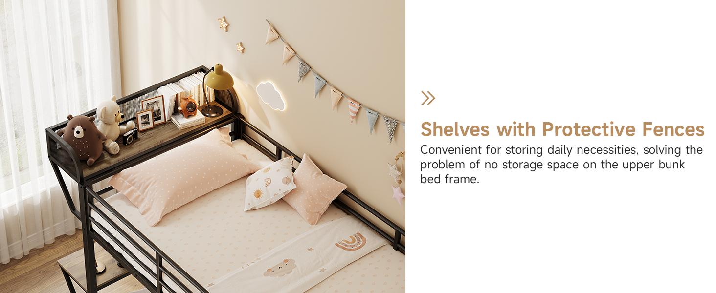 【SPOTLIGHT DAY】ONBRILL Bunk Bed Twin Over Twin, Bunk Beds with Power Desk & Outlet, Metal Bunkbeds Frame with Safety Guardrail & Ladders, Upper Bed with Storage Rack, Heavy-Duty