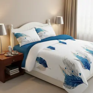 Blue Feathers White Tone 3 Piece Soft All-Season Washed Microfiber And Viscose Bedspread Set In A Bag, King/Calking Bedding Set With Bedspread & Pillowcases, Print, Flowerd, Moisture-Wicking, Silky Soft Texture, Cooling, Breathable, Easy Care