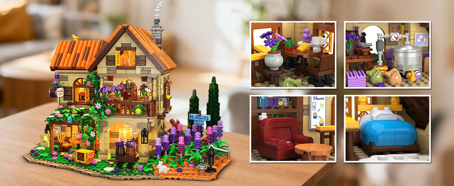 INSOON Lavender Manor House Building Set with Lights, 1960 PCS Lavender Estate Construction Model Home Decor, Romantic Lavender Flowers Cottage Building Block Kit Gift for Adults Teens Boys Girls 12+