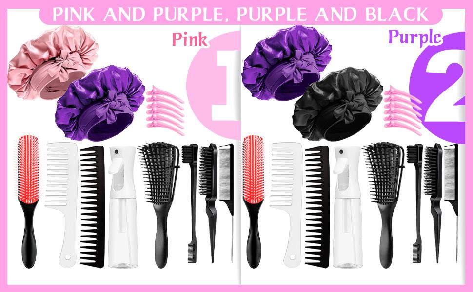 Pink Hair Brush Set 16 Counts Detangler Wide Tooth Comb Satin Bonnet Nylon Bristle Brush Edge Tool Kit for Curly Hair Styling  Anti Static Hairbrush