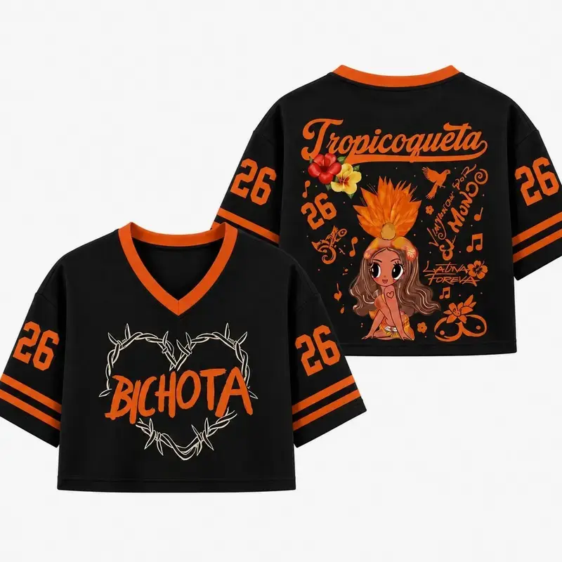 Tropicoqueta Girl Doll Crop Top Unisex Jersey - V-Neck Shirt, Polypropylene Activewear, Sporty Chic Graphic Print, Viajando Por El Mundo Tropitour Design, Latin Music Fan Multi-Size Collectible Apparel Gift