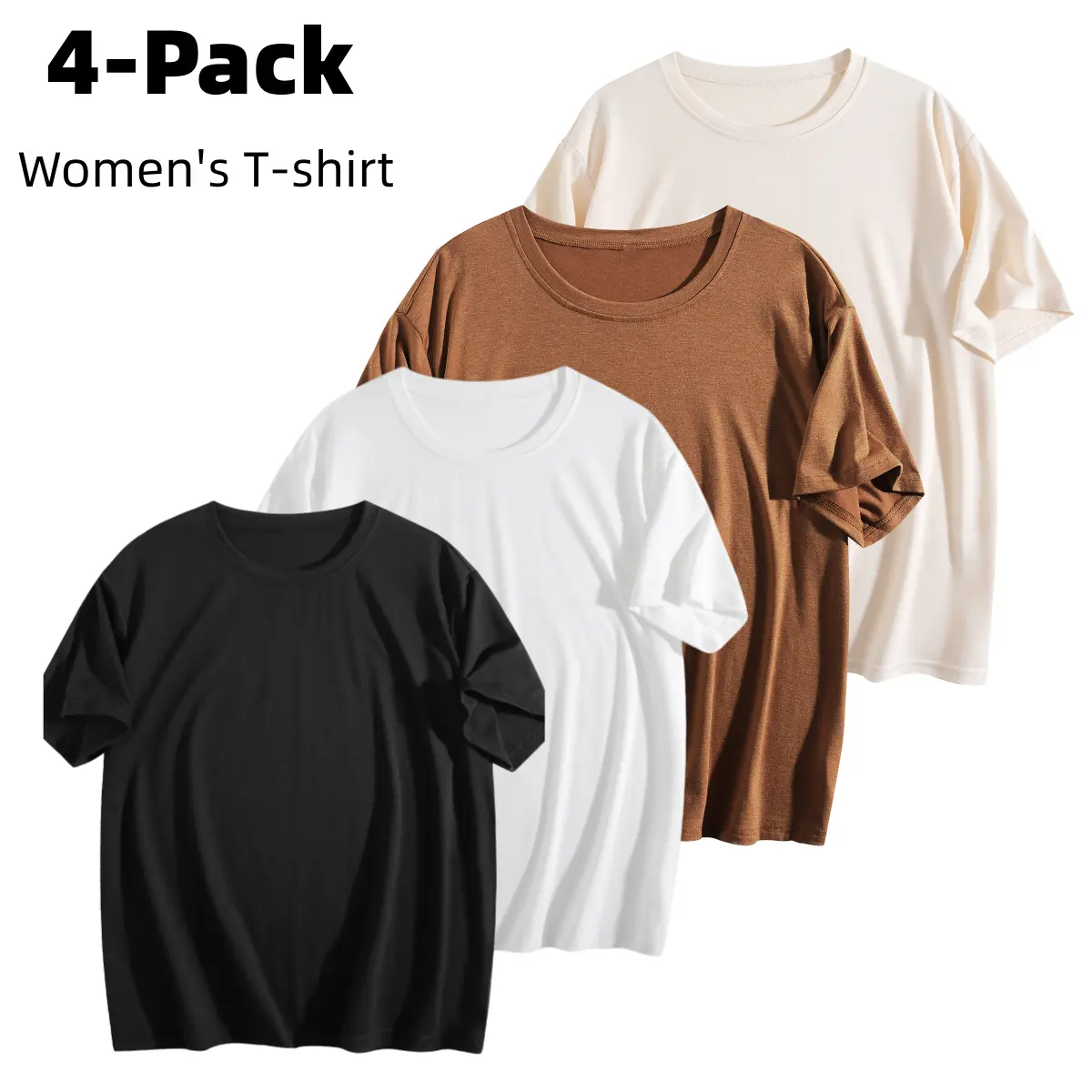 Women's Modest 4-Piece Solid Color Basic Crew Neck Short-Sleeve T-Shirts - Breathable Fabric, Fitted Comfort, Oversized Top Option, Cardigans Pairing, Affordable Everyday Casual Wear Essential